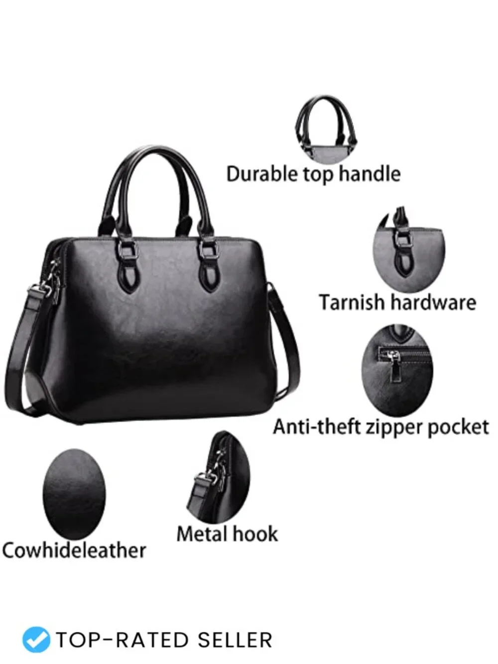 Genuine Leather Tote Shoulder Bag With Adjustable Strap, Multi-Zippered Pockets